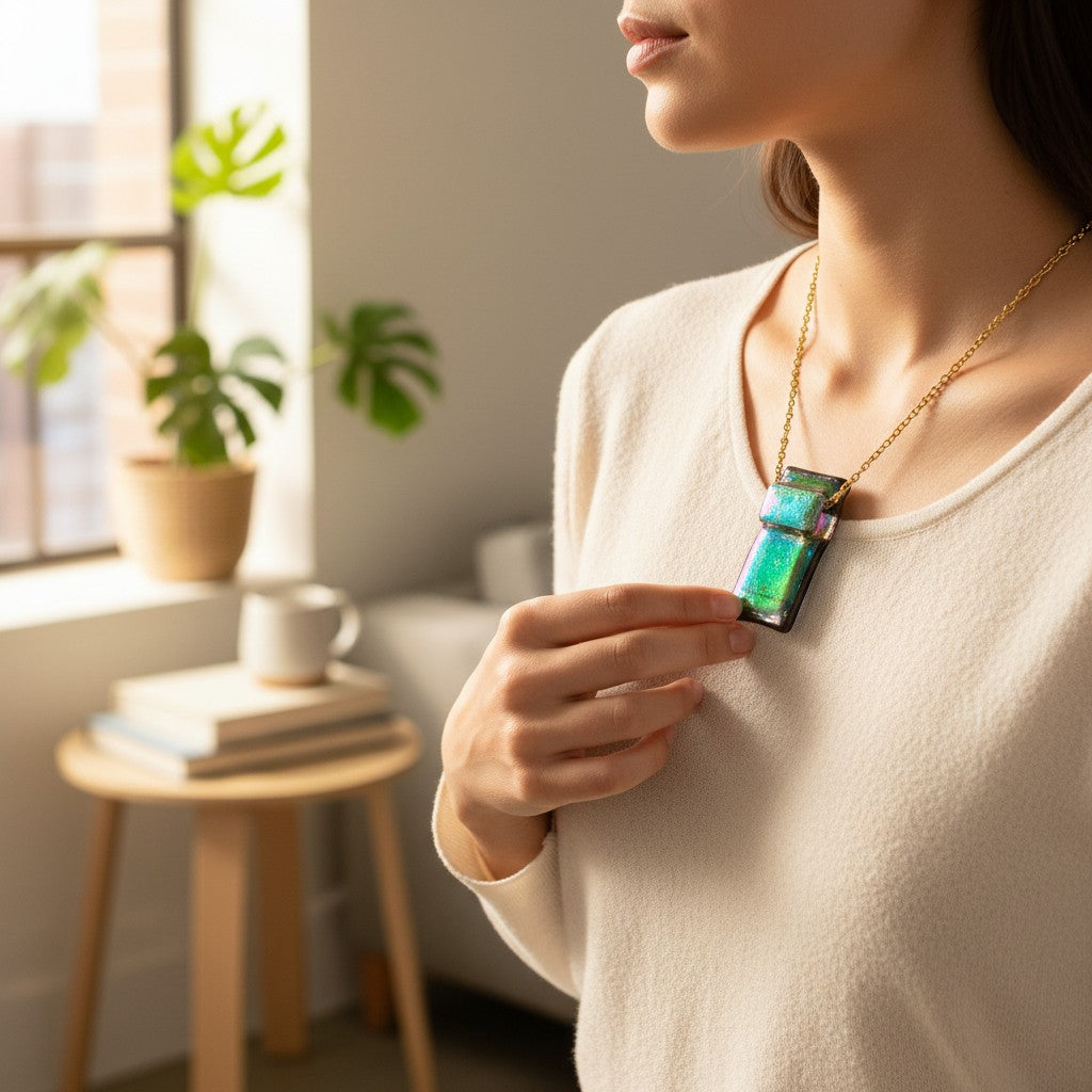 Heartfelt Creations handcrafted dichroic glass pendant necklace in green and black on a gold-tone chain worn by a woman