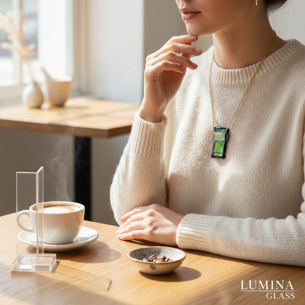 Heartfelt Creations dichroic glass pendant necklace in green and black on a woman wearing a cream sweater in a cafe