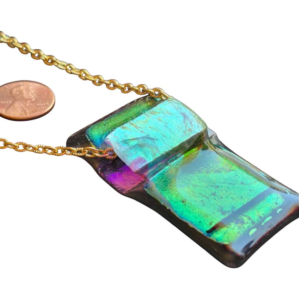 Heartfelt Creations handcrafted dichroic glass pendant necklace in green and black with a gold-tone chain.