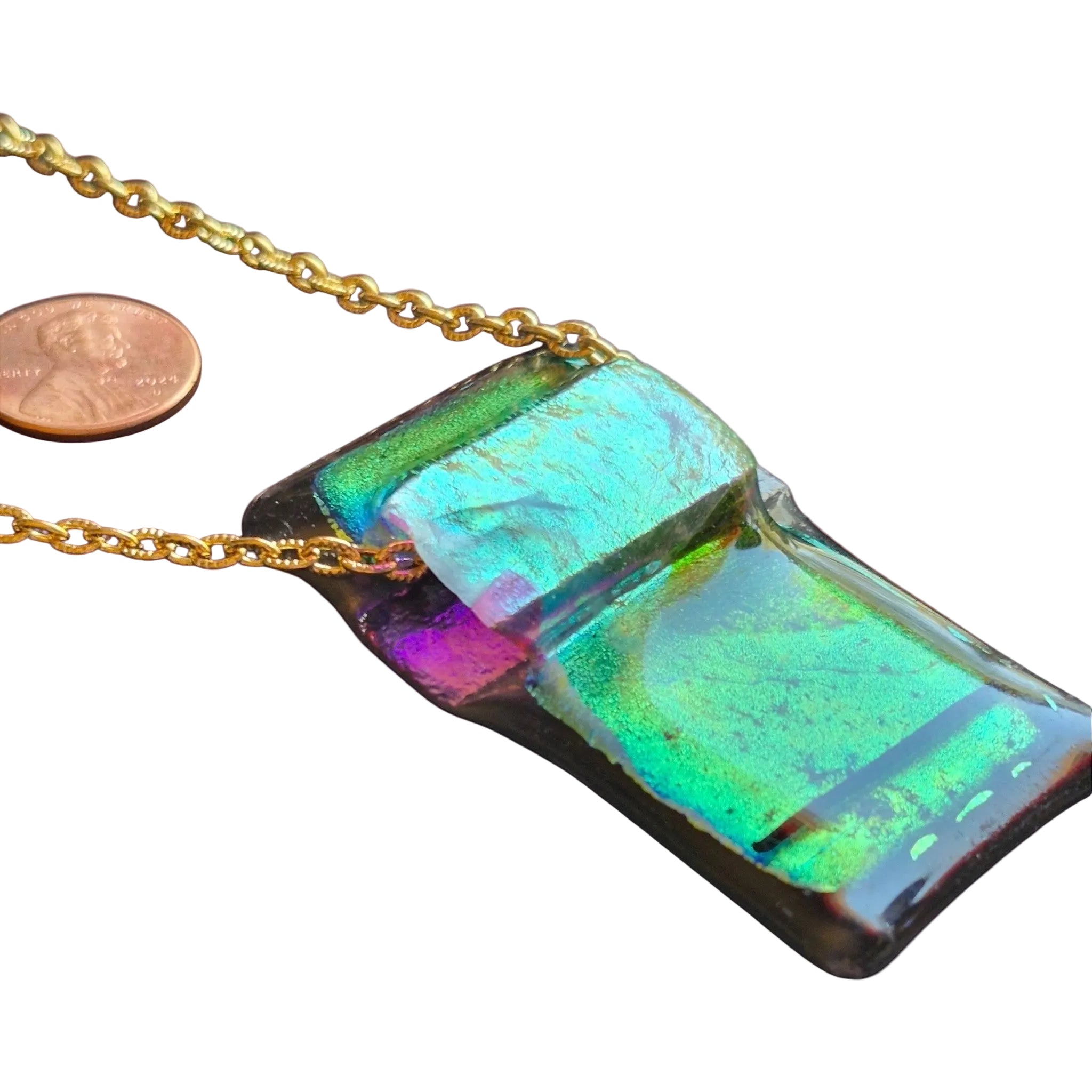 Heartfelt Creations handcrafted dichroic glass pendant necklace in green and black with a gold-tone chain.