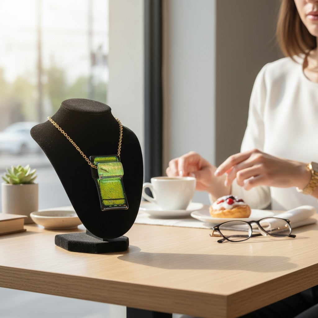 Heartfelt Creations handcrafted dichroic glass pendant necklace in green and black on a display bust in a cafe.