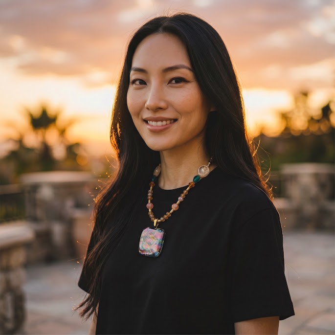 Heartfelt Creations artisan dichroic glass statement necklace with amber and teal beads worn by a woman at sunset
