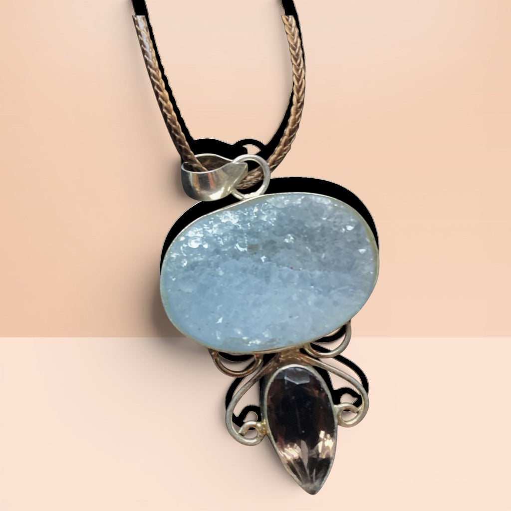 Heartfelt Creations blue druzy and smoky quartz silver pendant necklace on a braided cord