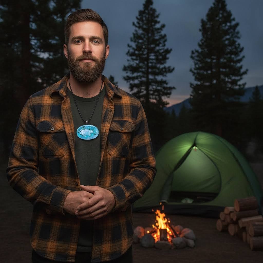 Heartfelt Creations oval enamel fish pendant necklace in turquoise and teal worn by a man at a forest campsite