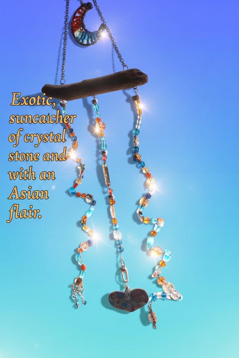 Heartfelt Creations exotic suncatcher with driftwood, crystal, glass beads, and heart stone.