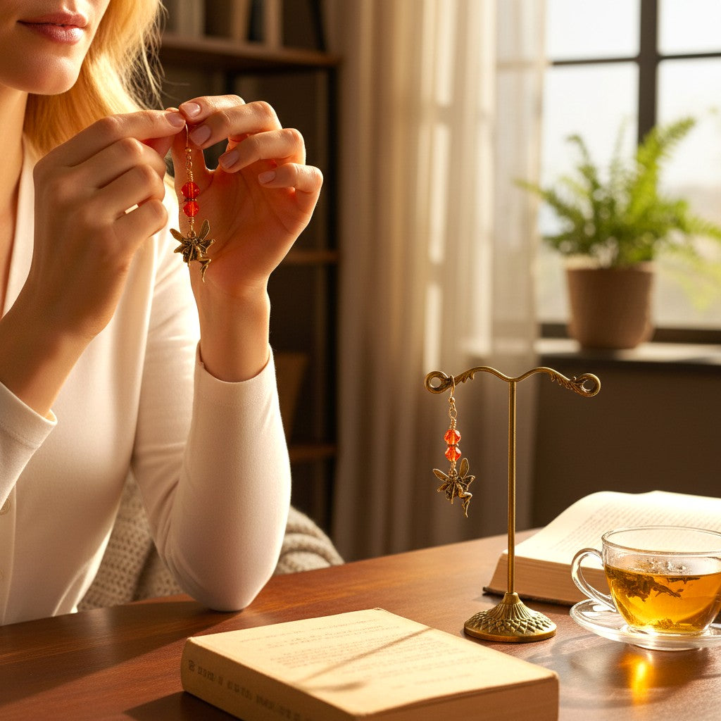 Charms: Detailed, gold-tone whimsical fairy pendants.

Accents: Stacked, vibrant orange faceted glass beads.

Hardware: Gold-tone wire wrapping with fish hook closures.

Style: Lightweight, drop design offering an ethereal and magical look.