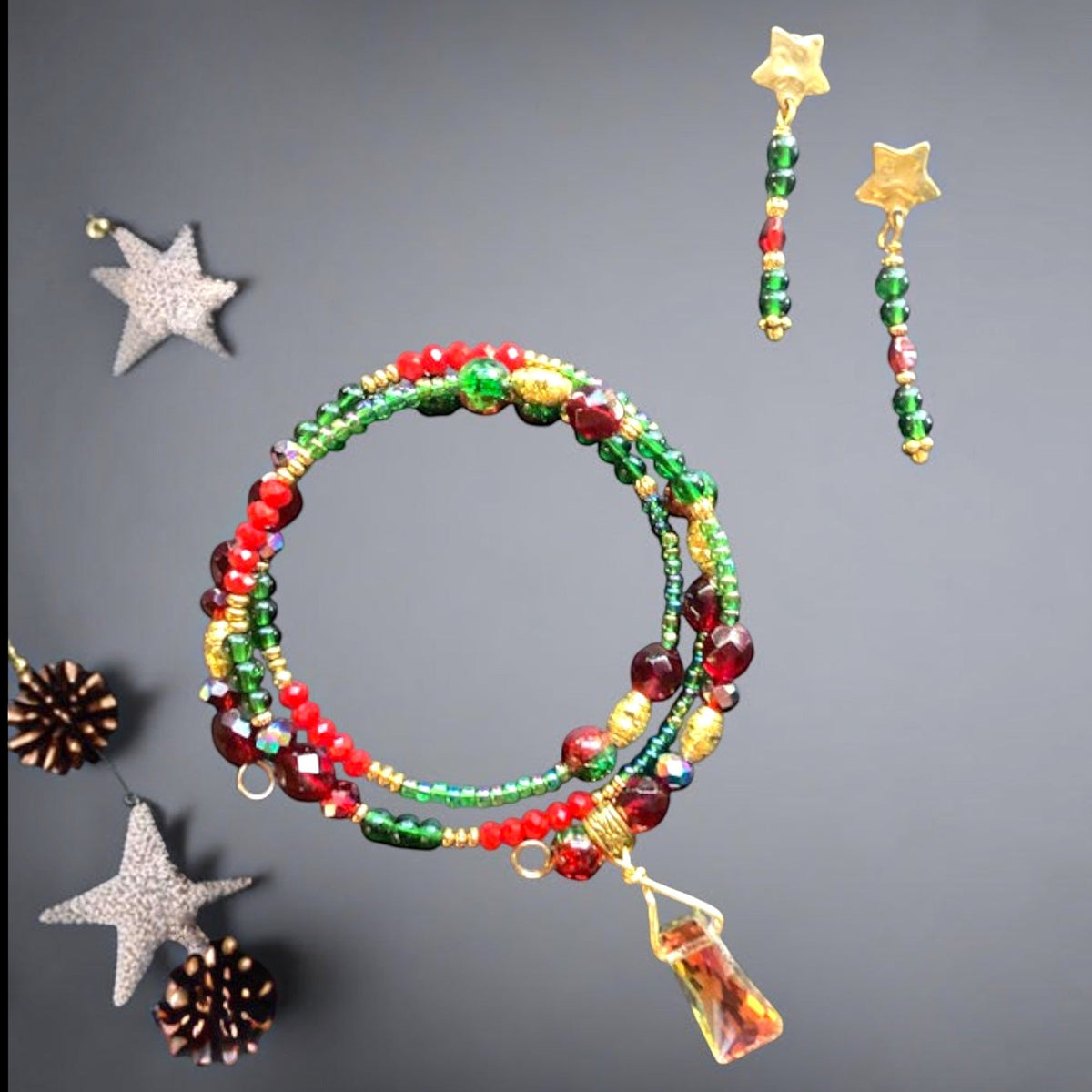 Heartfelt Creations festive multi-strand beaded wrap bracelet and dangling gold star earrings with crystal charm