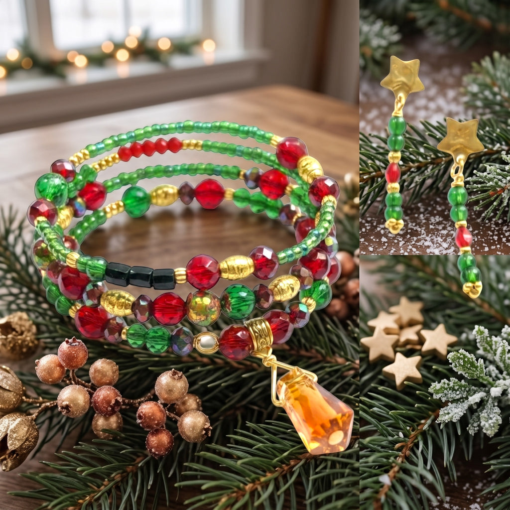 Heartfelt Creations festive beaded wrap bracelet with crystal charm and dangling star earrings in red, green, and gold.