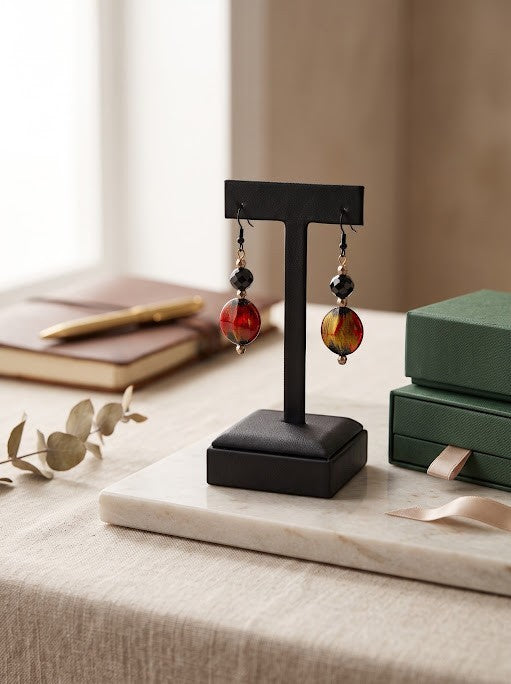 Heartfelt Creations artisan drop earrings featuring fiery red, orange, and black faceted beads on a display stand.