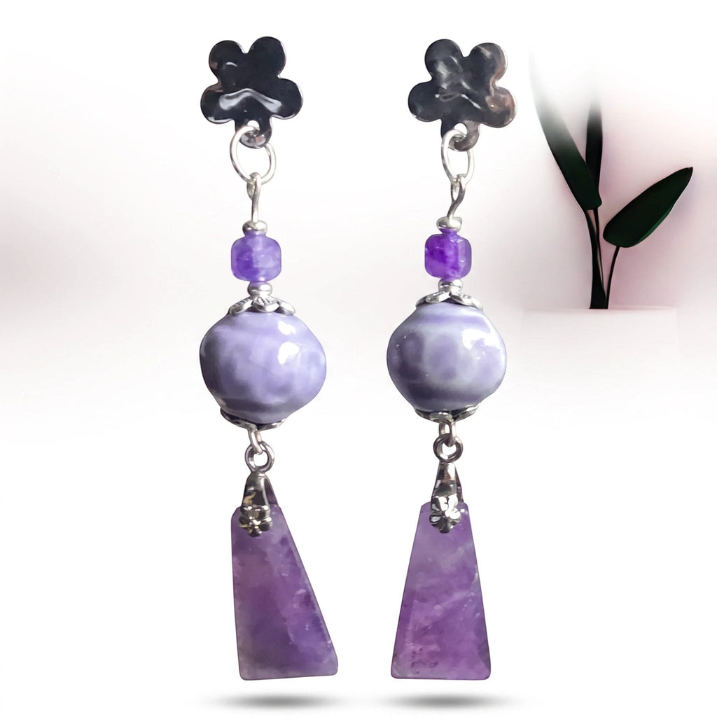 Heartfelt Creations floral dangle earrings with lilac ceramic beads and geometric amethyst pendants in silver-tone.