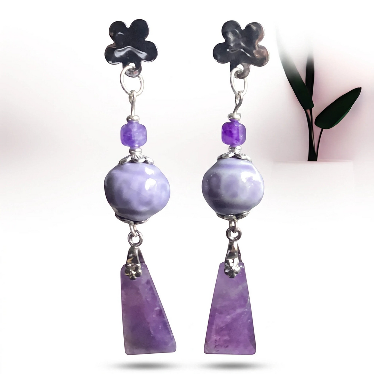 Heartfelt Creations floral dangle earrings with lilac ceramic beads and geometric amethyst pendants in silver-tone.