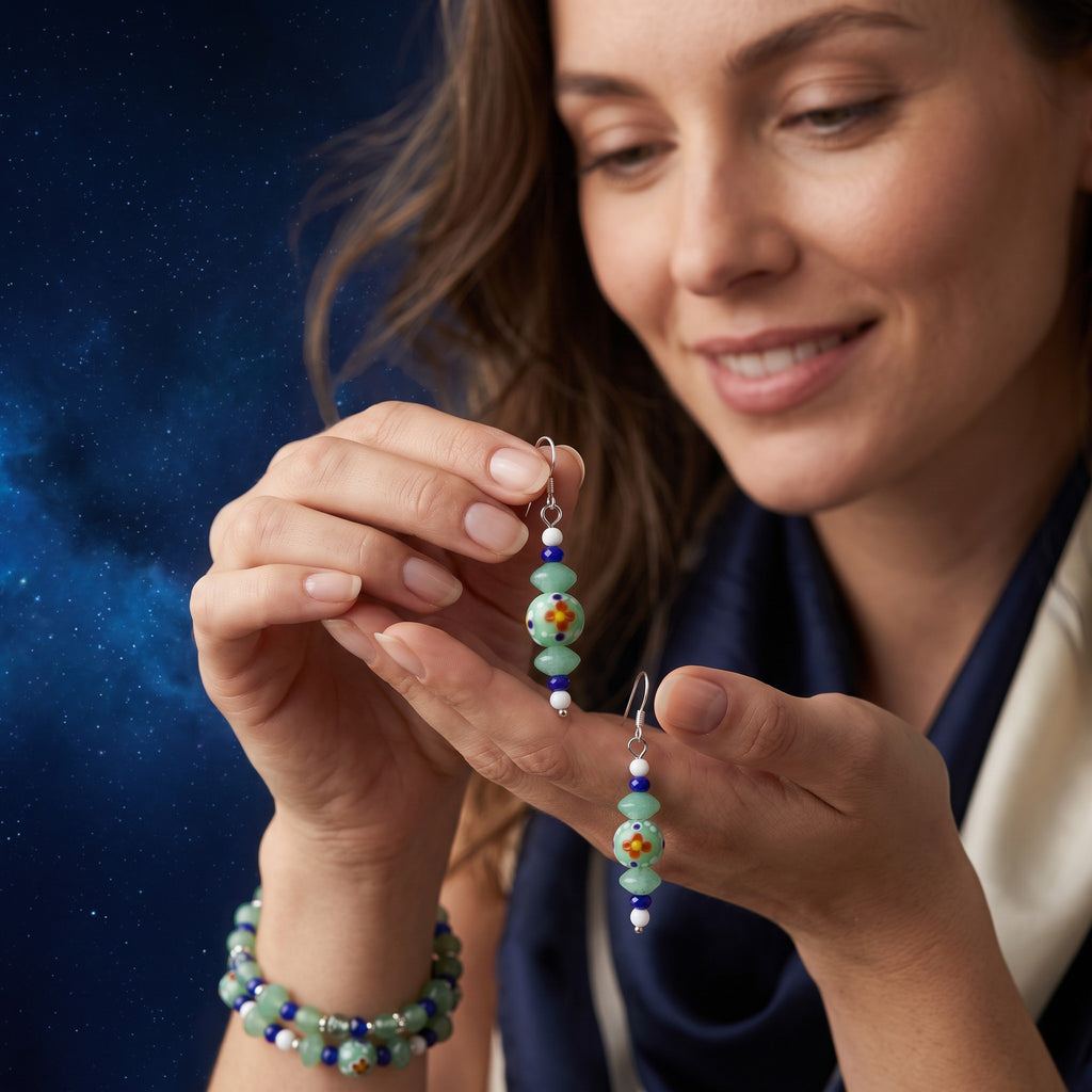 Heartfelt Creations handcrafted dangle earrings with mint green, purple, and white floral beads held by a smiling woman