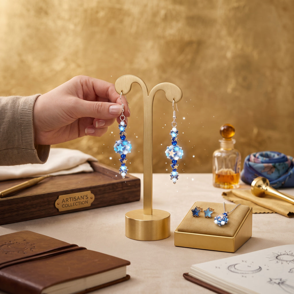 Heartfelt Creations handcrafted dangle earrings with blue and white floral beads on a gold display stand