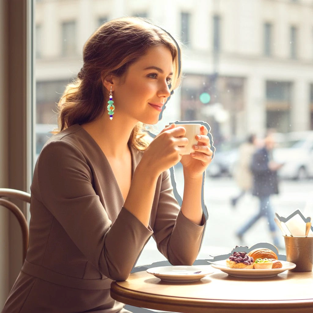 Heartfelt Creations floral bead dangle earrings in mint green and purple worn by a woman drinking coffee at a cafe