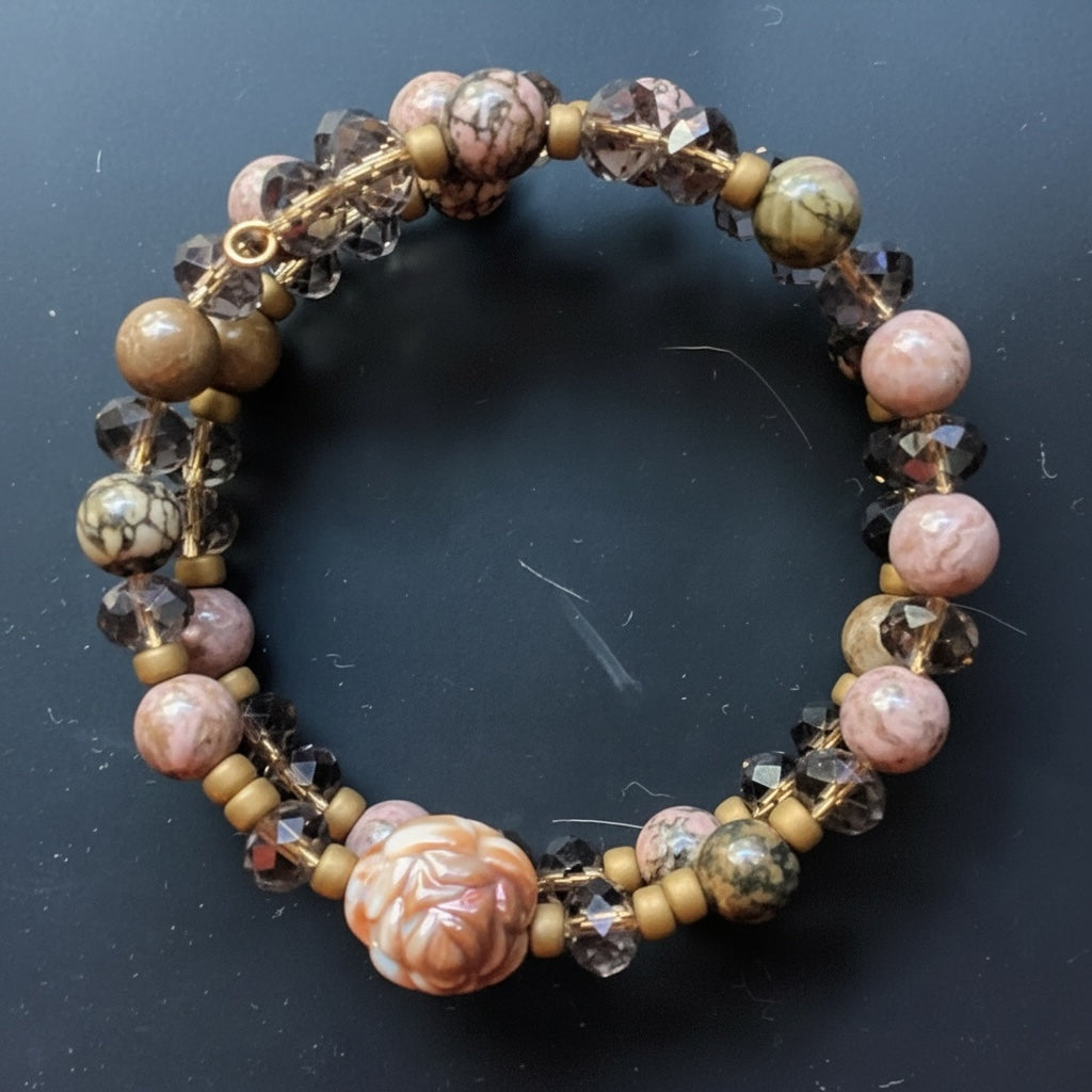 Heartfelt Creations handcrafted multi-strand wrap bracelet featuring a carved rose bead, natural stones, and glass.