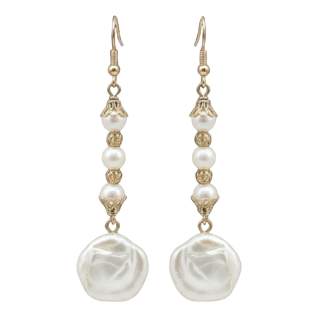 A pair of gold and white drop earrings featuring baroque pearls, faceted beads, and ornate gold metalwork, displayed against a solid muted mauve background.  Designed to look elegant with a fancy dress of a T-shirt and jeans!