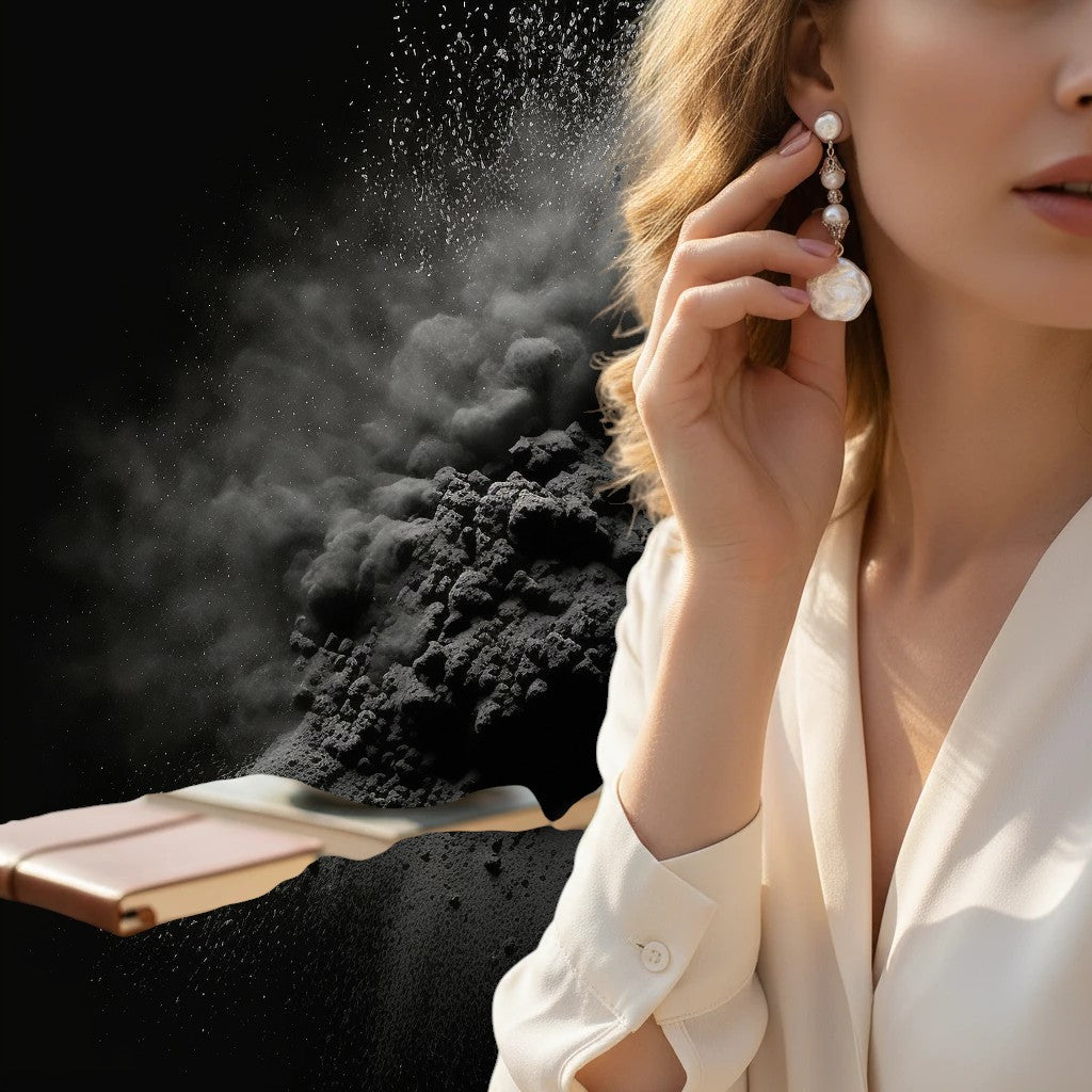 Heartfelt Creations floral pearl drop earrings with vintage filigree caps worn by a woman in a white blouse