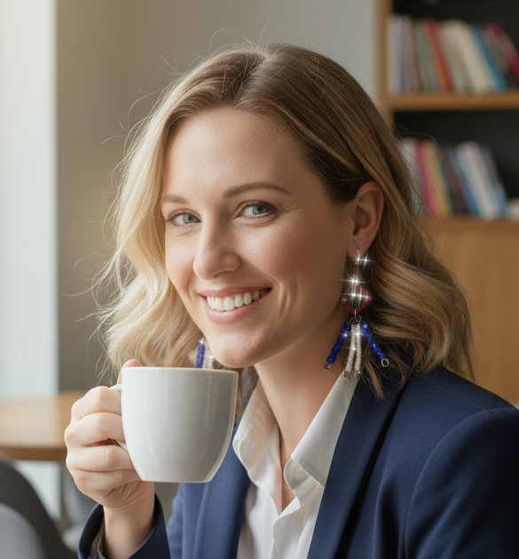 A smiling blonde woman in a navy blazer and white collared shirt holds a white ceramic mug, wearing long beaded drop earrings with red, blue, and white beads.