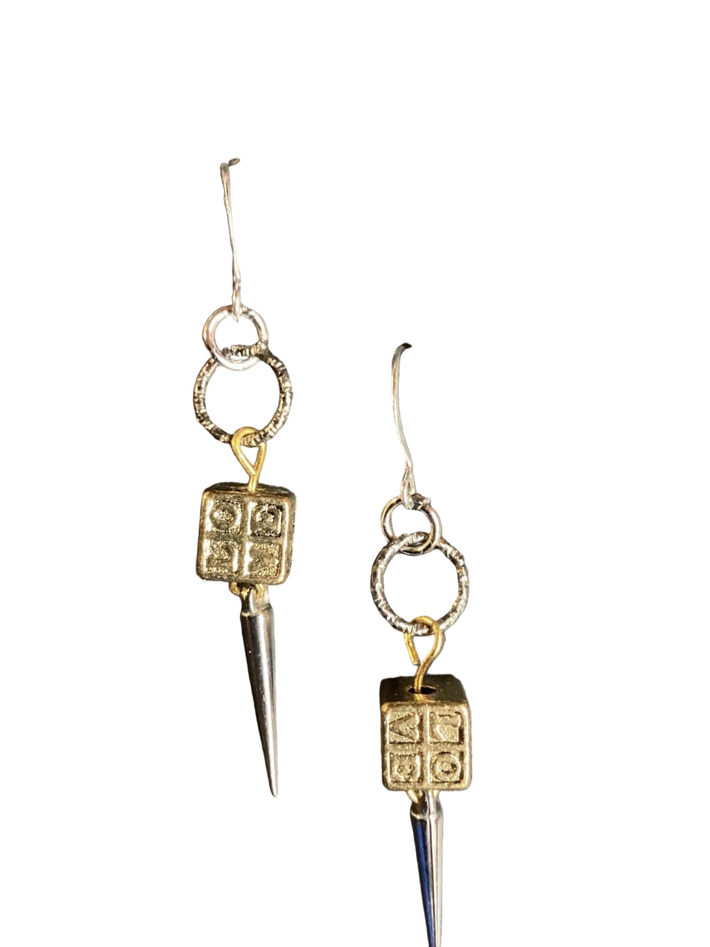 Heartfelt Creations geometric drop earrings with silver-toned metal, gold accents, cube charm, and spike detail.