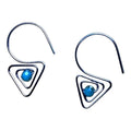 Heartfelt Creations handcrafted geometric wire-wrapped earrings featuring a dark metal triangle and turquoise bead.