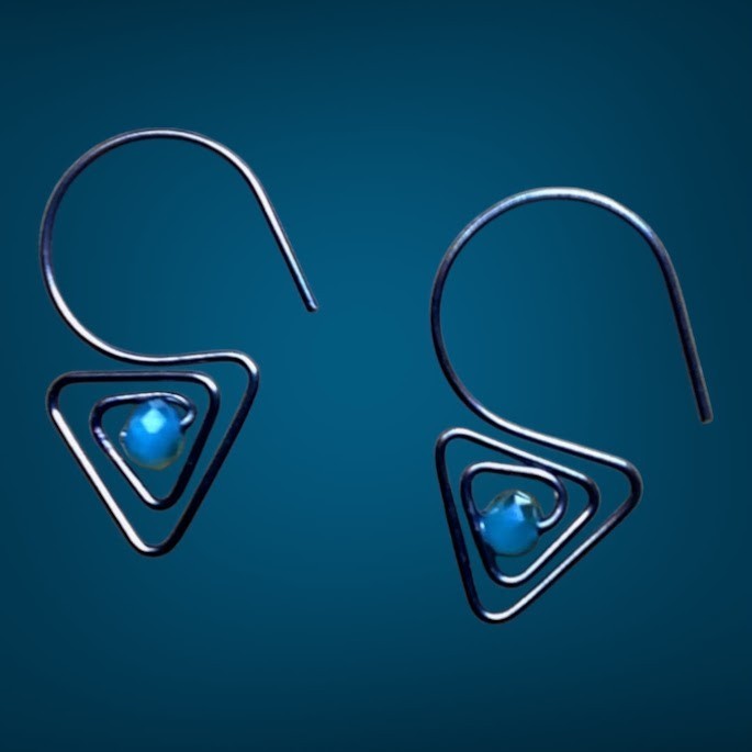 Heartfelt Creations handcrafted geometric wire wrapped earrings with dark metal triangular frames and turquoise beads.