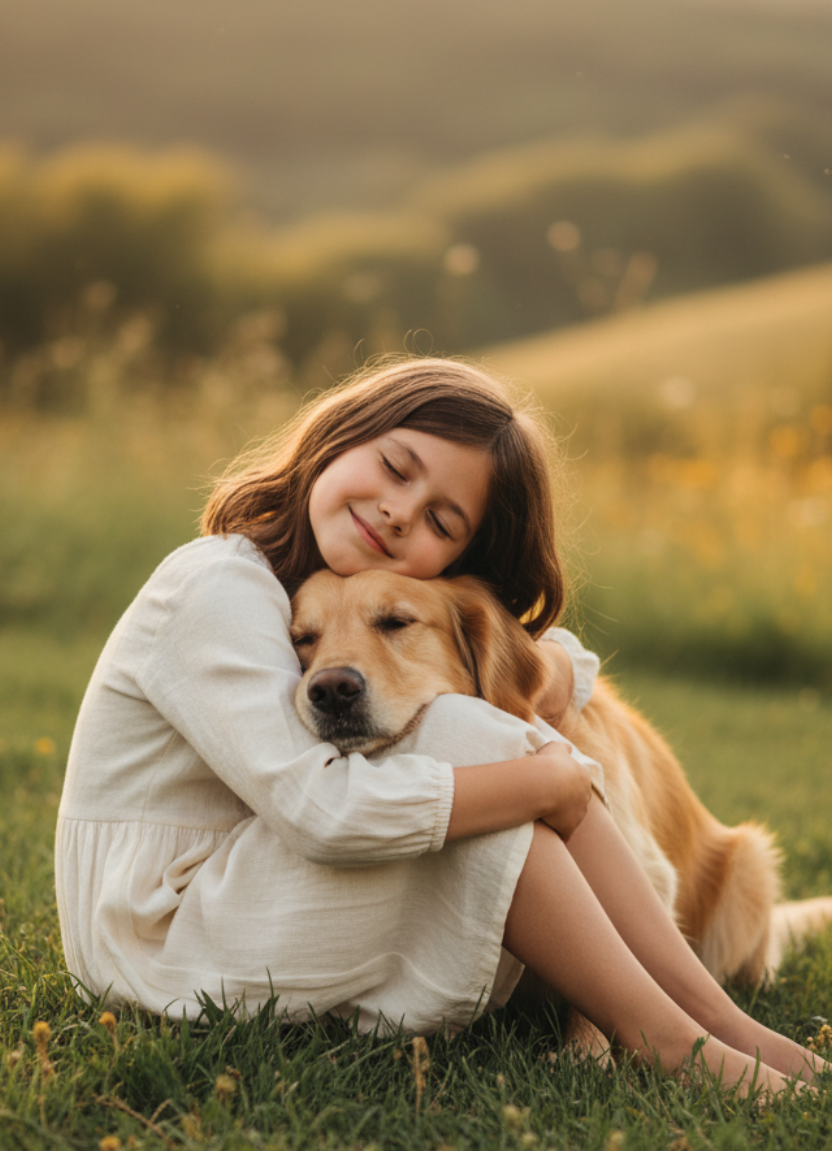A young girl in a white dress hugs a golden retriever dog on a grassy field at sunset, with rolling hills in the background.
