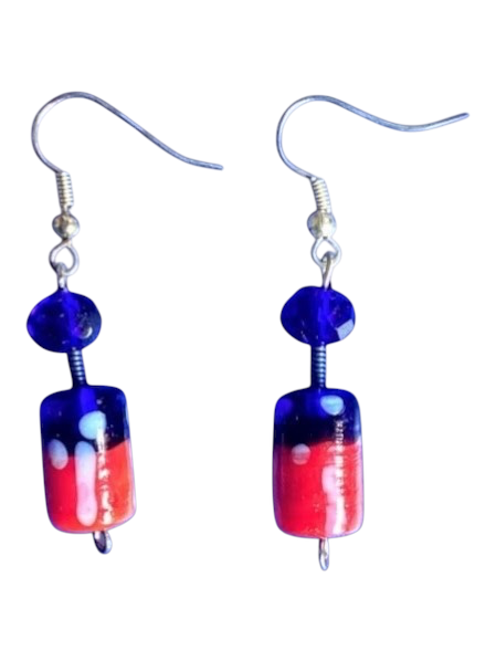 Heartfelt Creations artisan glass bead dangle earrings in royal blue and red with white accents on silver-tone hooks.
