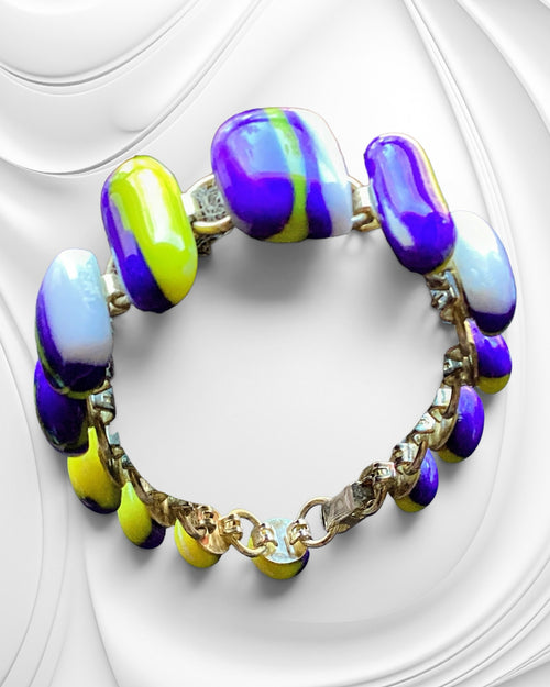 Heartfelt Creations artisan link bracelet with polished lime green, royal purple, and white swirling glass beads.
