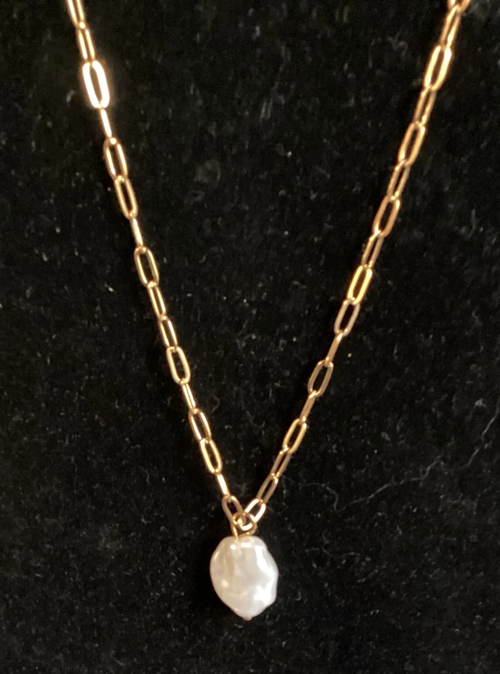 Heartfelt Creations gold-tone necklace with elongated link chain and a single baroque pearl pendant.