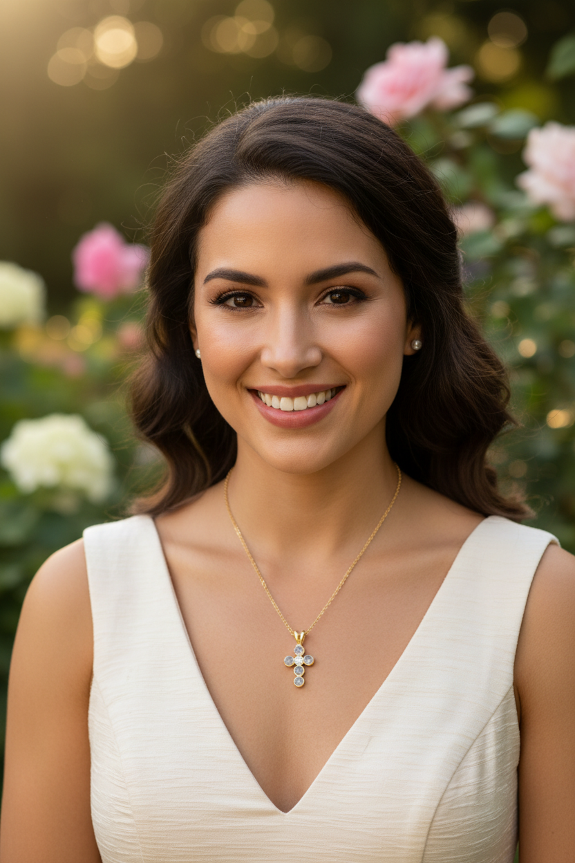 Heartfelt Creations gold cross pendant necklace with cubic zirconia stones and delicate chain.