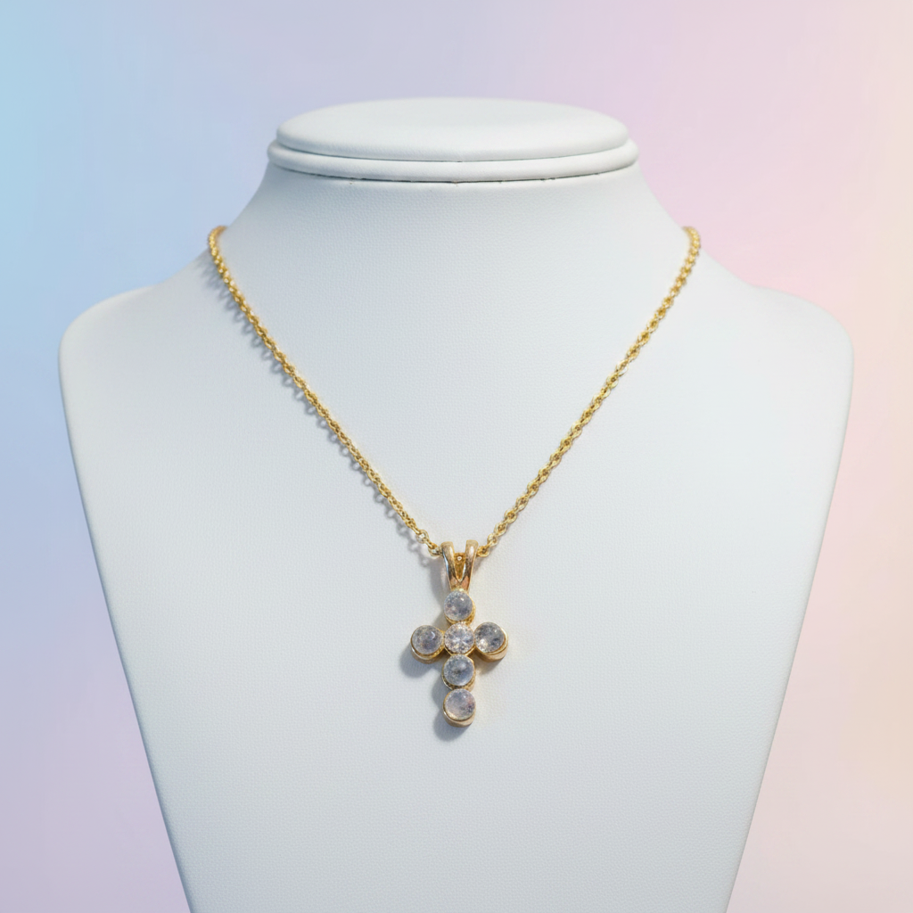 Heartfelt creations, dainty cross with a lovely blue grey cubic zirconium stones, hanging from a golden chain.