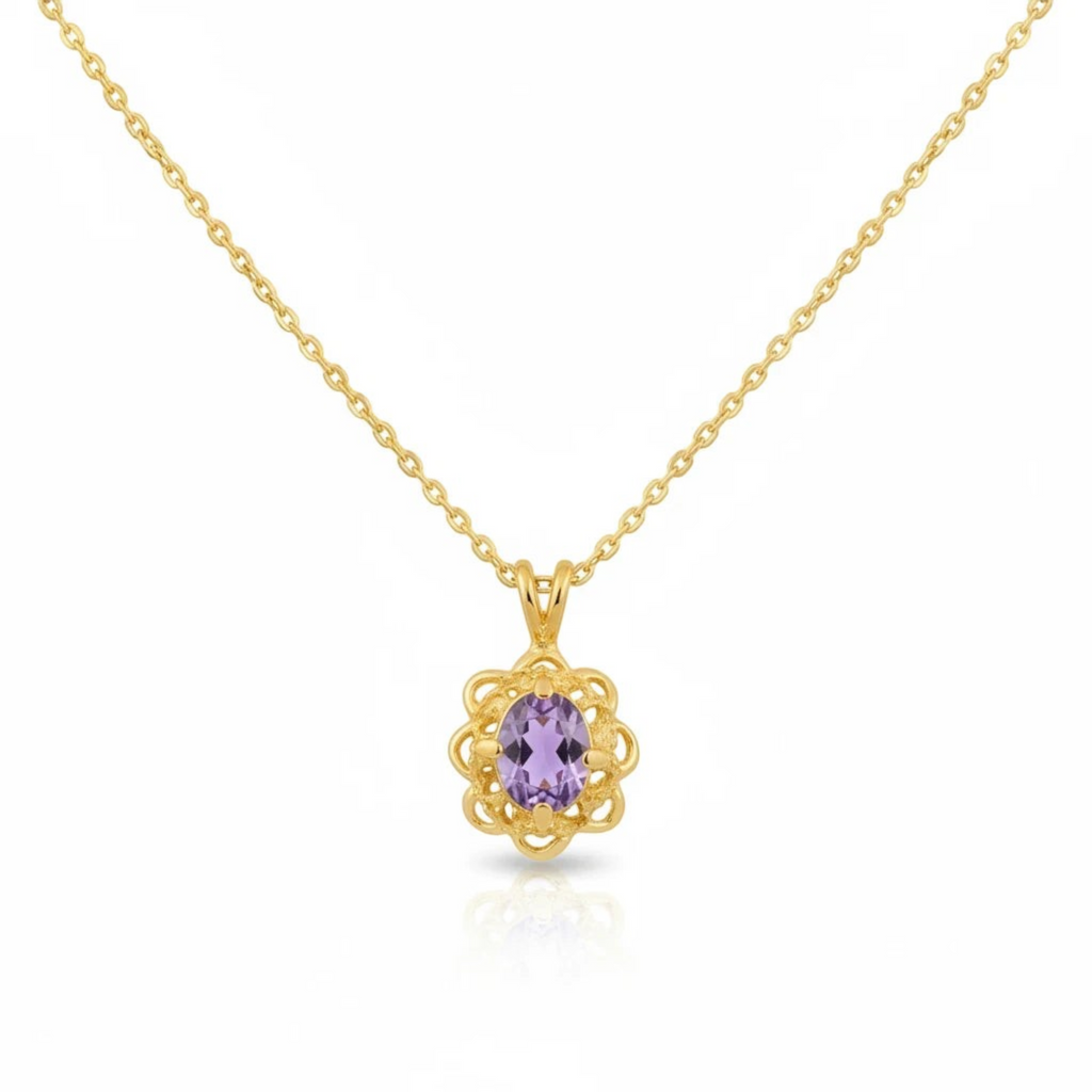 Heartfelt Creations gold-plated necklace with an intricate floral pendant and a central oval purple gemstone.