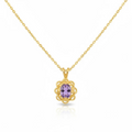 Heartfelt Creations gold-plated necklace with an intricate floral pendant and a central oval purple gemstone.