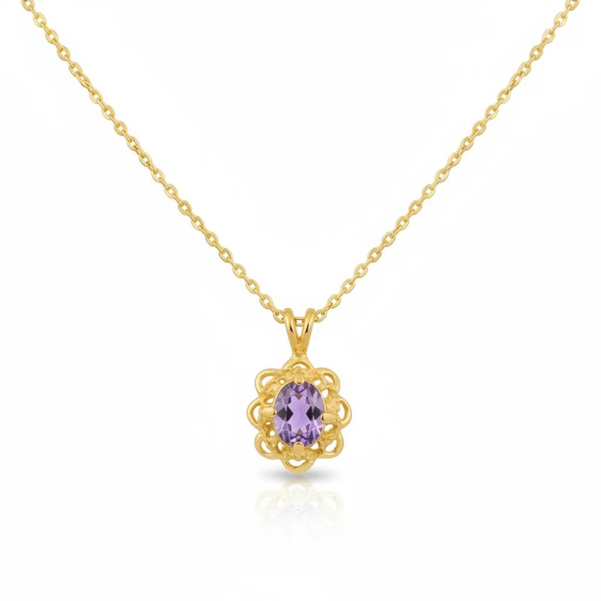 Heartfelt Creations gold-plated necklace with an intricate floral pendant and a central oval purple gemstone.
