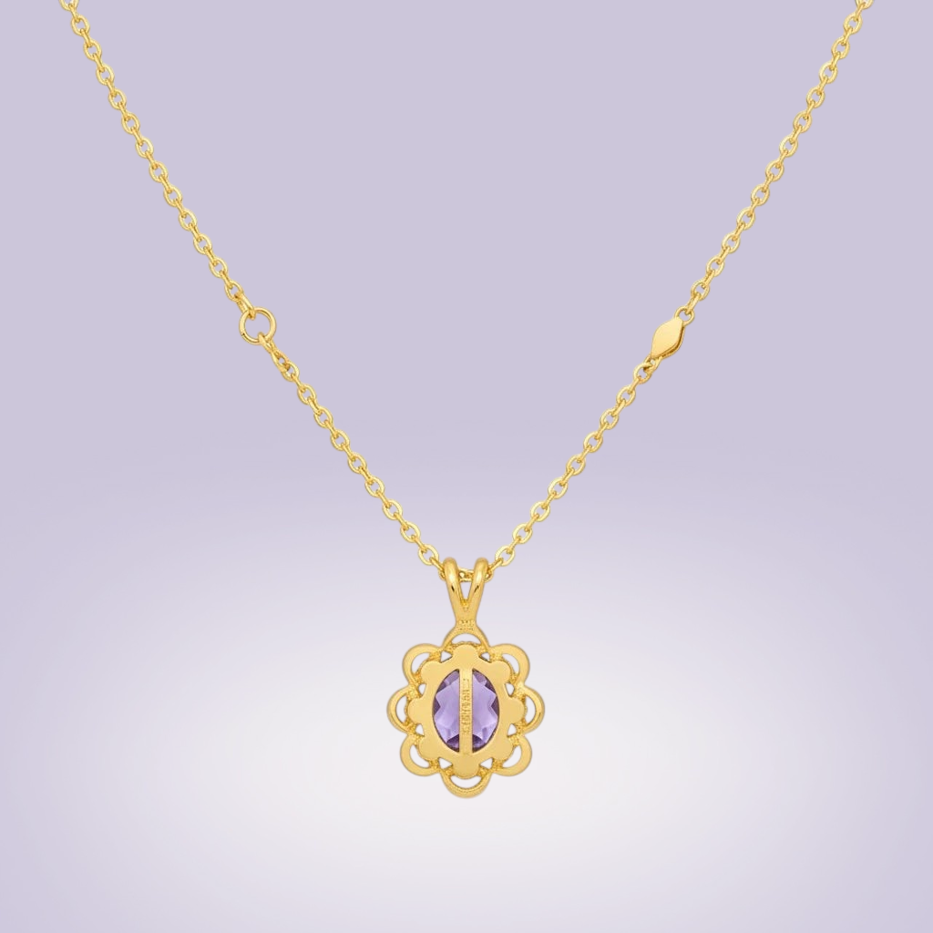Heartfelt Creations gold-plated necklace featuring an intricate floral pendant with a central purple gemstone- Back Side