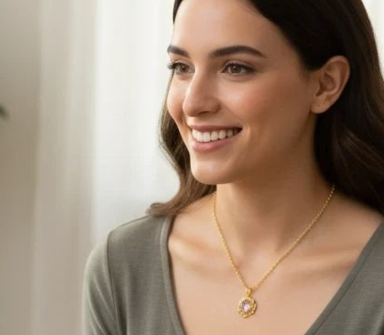 Woman wearing a Heartfelt Creations gold-plated floral pendant necklace while reading on a sofa
