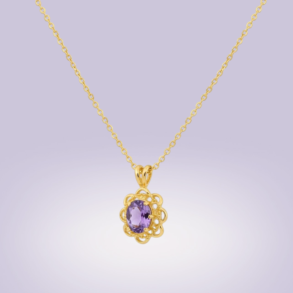 Heartfelt Creations gold-plated necklace with an oval purple gemstone in an intricate floral pendant setting - side view
