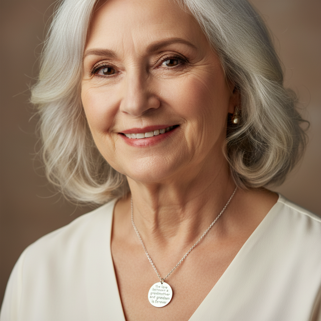 A silver-stainless steel round pendant necklace with engraved text reading 'the love between a grandmother and grandson is forever.'