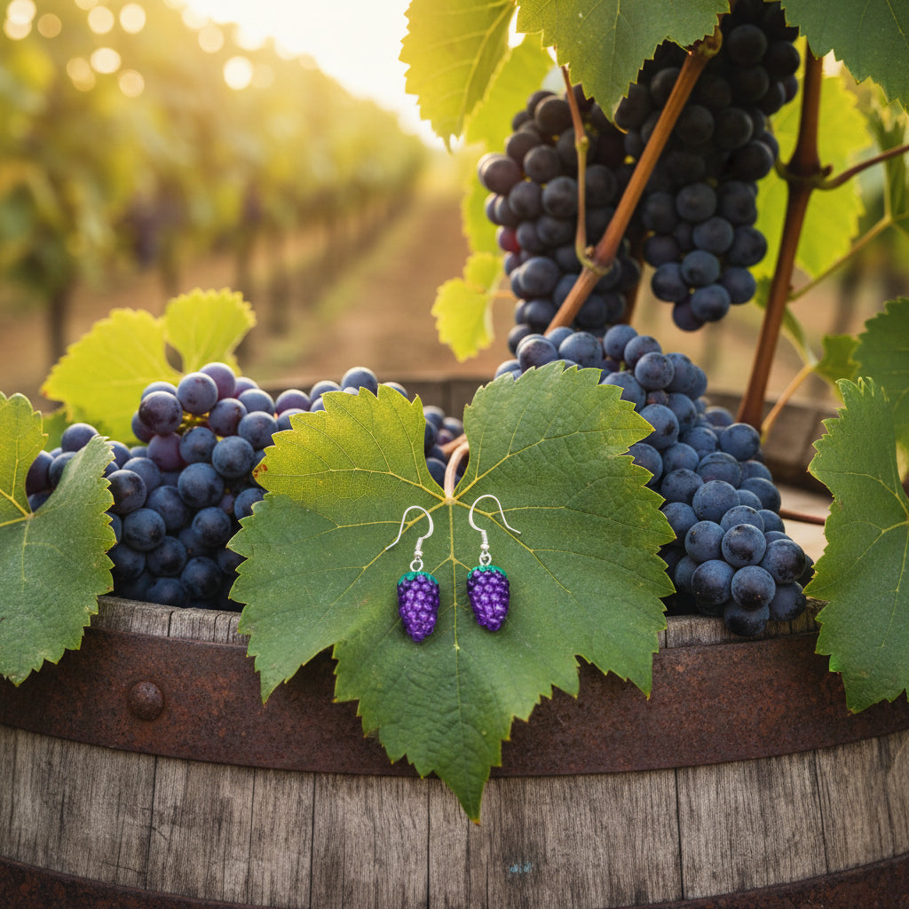 Heartfelt Creations handmade grape pendant necklace and matching earrings with purple cord on a soft bokeh background.