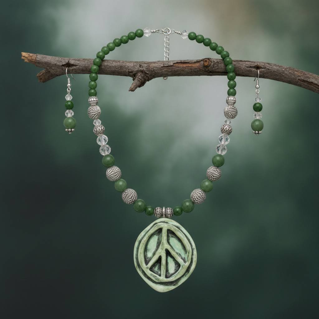 a handmade necklace and earring set featuring a large, oval-shaped, light green ceramic pendant with a carved peace sign, strung on a beaded chain of polished dark green jade and clear crystal beads, separated by ornate, textured silver metal beads, with matching drop earrings.