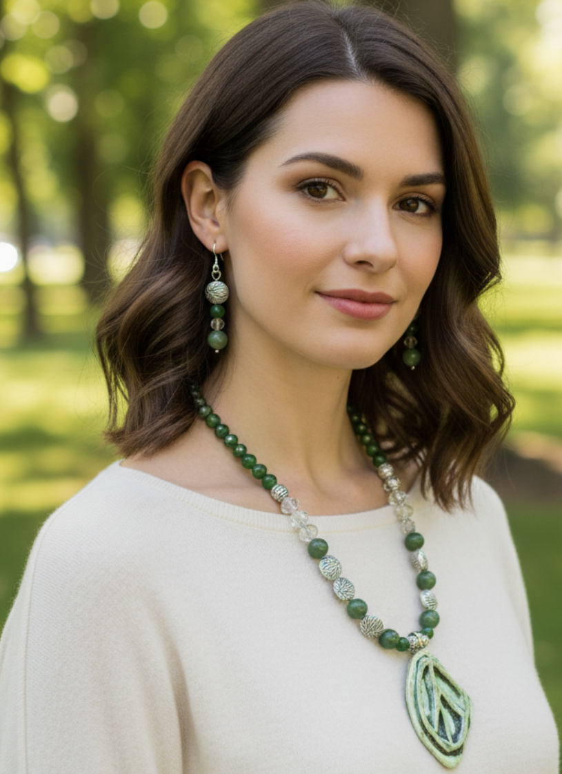 a handmade necklace and earring set featuring a large, oval-shaped, light green ceramic pendant with a carved peace sign, strung on a beaded chain of polished dark green jade and clear crystal beads, separated by ornate, textured silver metal beads, with matching drop earrings.