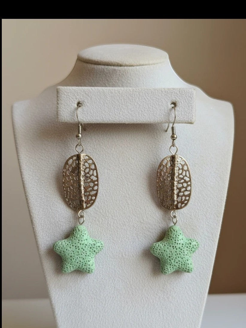 Heartfelt Creations textured light green porous stone star drop earrings with silver-tone hammered oval accents.