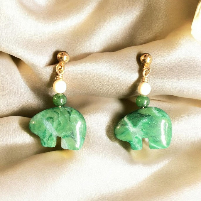 Heartfelt Creations handcrafted green stone bear dangle earrings with cream beads and gold-tone stud backings