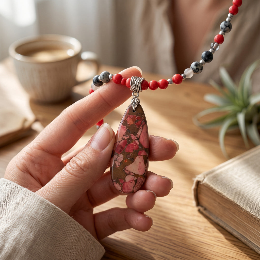 Heartfelt Creations beaded necklace with a large red marbled teardrop pendant made of Sediment Jasper and grey stone accents held in a hand.