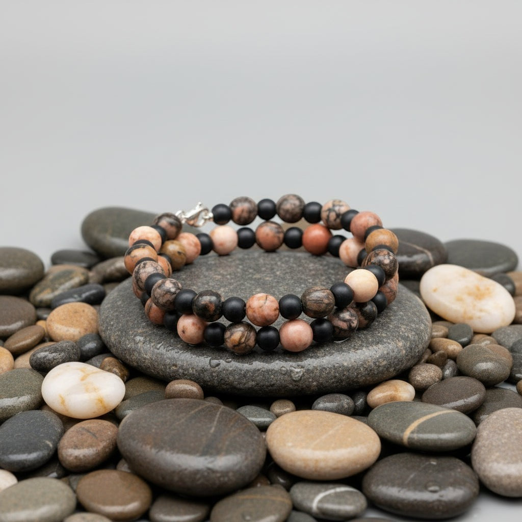 Heartfelt Creations double strand bracelet with peach jasper and matte black onyx beads.