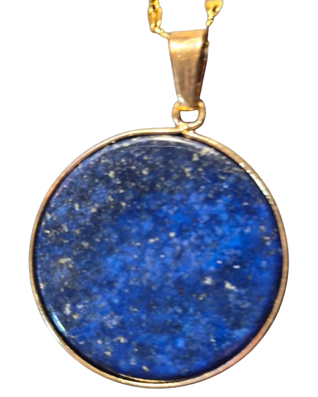 Heartfelt Creations round lapis lazuli pendant necklace with a polished gold-tone setting and delicate chain