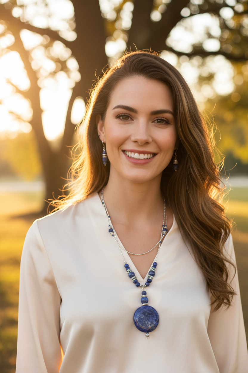 Heartfelt Creations bohemian statement necklace with a large blue Lapis Lazuli pendant and silver-tone accents