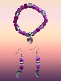 Heartfelt Creations beaded bracelet with magenta agate cube beads, crystal beads, and heart charm. Matching dangle earrings with moon charms.