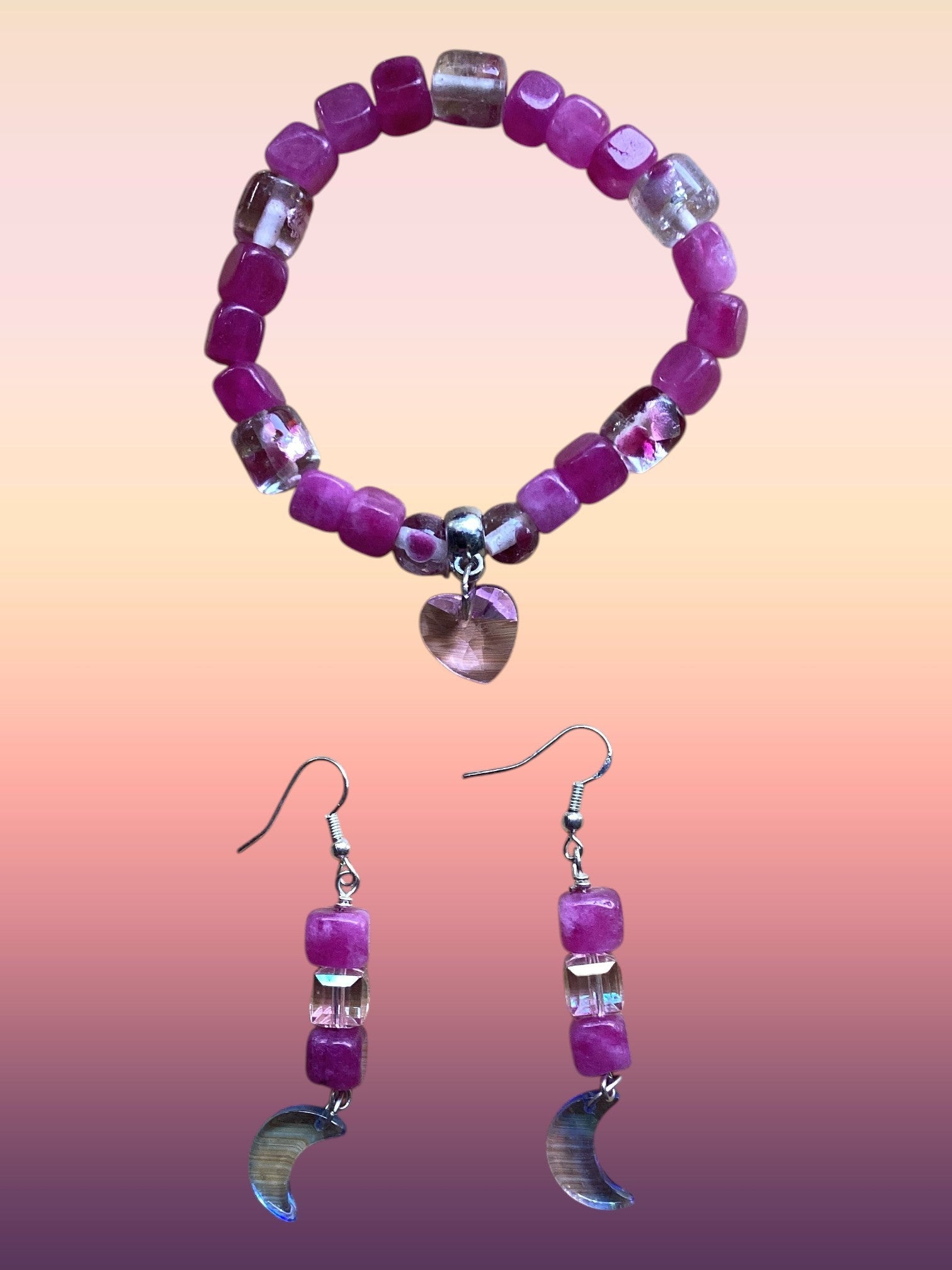 Heartfelt Creations beaded bracelet with magenta agate cube beads, crystal beads, and heart charm. Matching dangle earrings with moon charms.