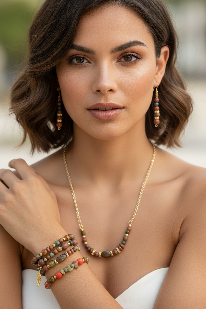 * Natural Stone Beaded Jewelry Set with Necklace, Earrings and (2) Bracelets